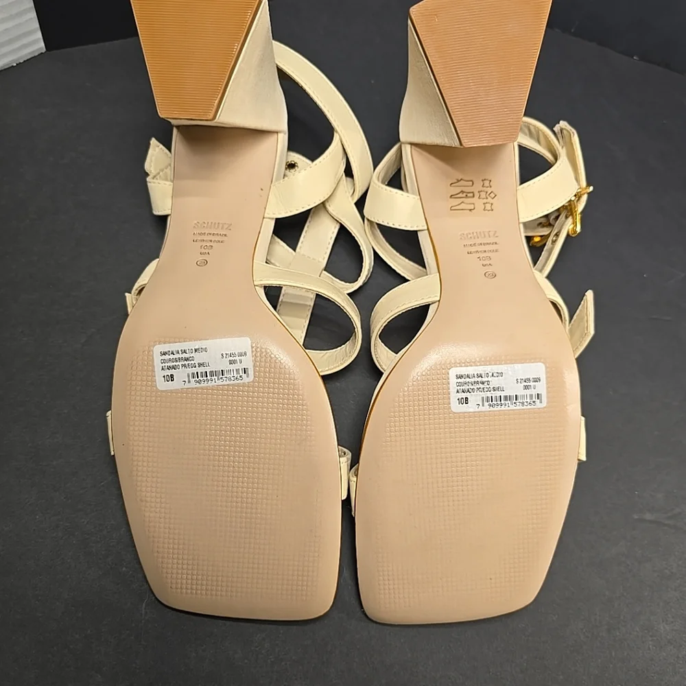 SCHUTZ Yala‎ Block Sandal Womens Size 10 Eggshell Color With Gold Buckles New